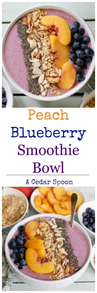Peach Blueberry Smoothie Bowl is the perfect start to your day. Healthy ingredients make this a good choice for a snack too. 