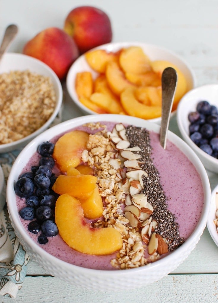 Peach Blueberry Smoothie Bowl is the perfect start to your day. Healthy ingredients make this a good choice for a snack too. 