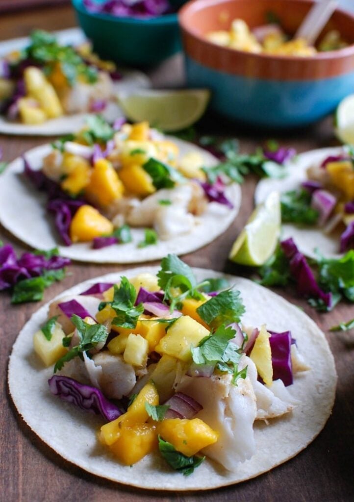 Grilled Fish Tacos with Tropical Salsa with garnish 
