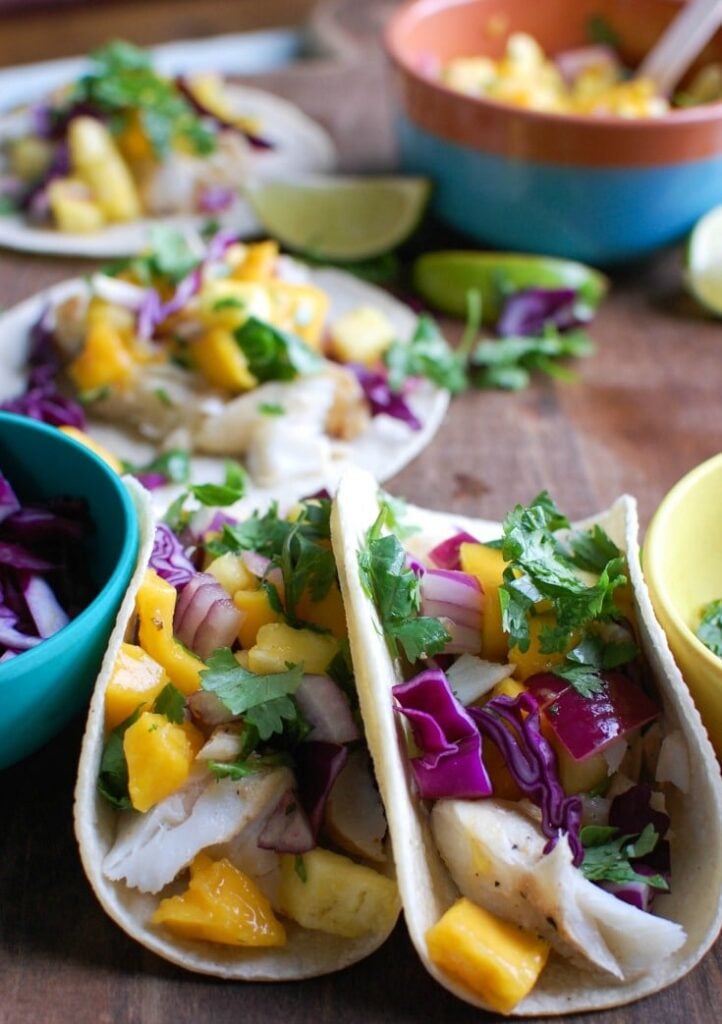 Grilled Fish Tacos with Tropical Salsa in taco shell 