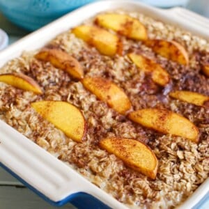 Peaches and Cream Baked Oatmeal is a healthy start to the day. This makes a great snack too!