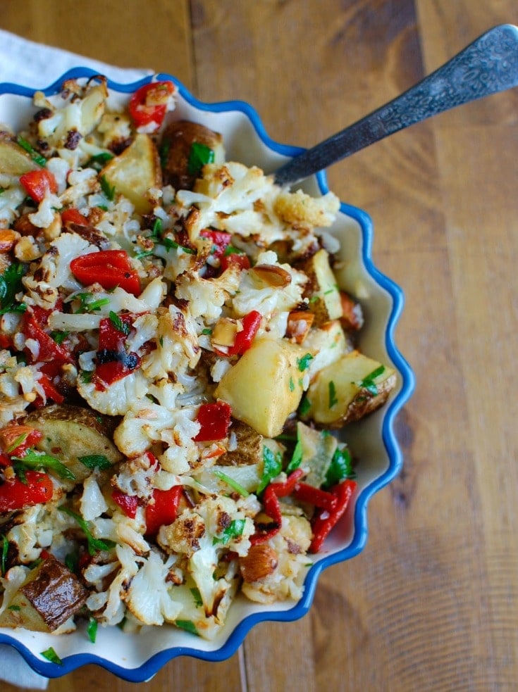 Cauliflower Pepper Potato Salad a sweet and smokey sauce pairs wonderfully with roasted cauliflower and potatoes. 