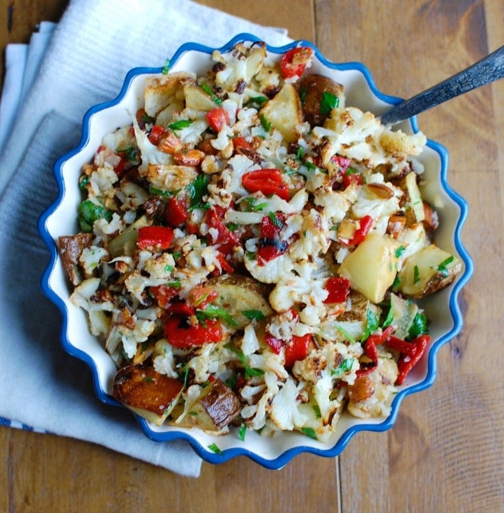 Cauliflower Pepper Potato Salad a sweet and smokey sauce pairs wonderfully with roasted cauliflower and potatoes. 