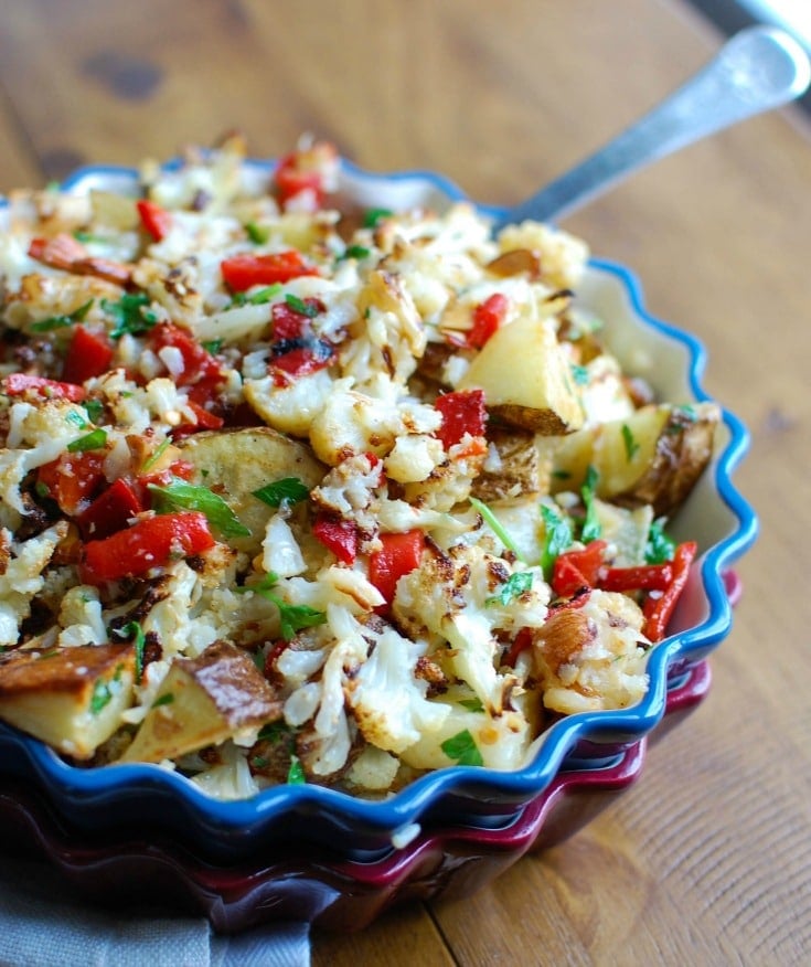 Cauliflower Pepper Potato Salad a sweet and smokey sauce pairs wonderfully with roasted cauliflower and potatoes. 