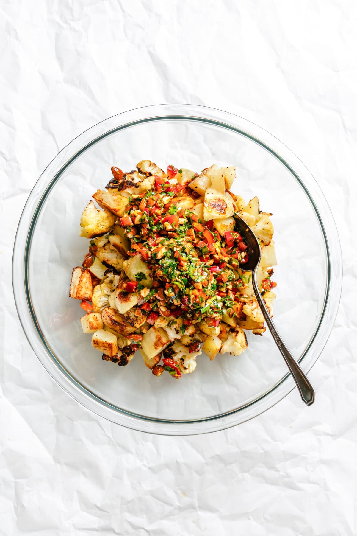 Cauliflower Potato Salad in a bowl