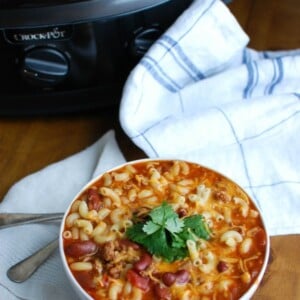 Crock-Pot® Turkey Chili Mac and Cheese is the ultimate cold weather comfort food, perfect for dinner or game day. Turkey Chili is slowly simmers in a Crock-Pot® and then pasta and cheese are mixed in when it is ready to eat. This is a family favorite!