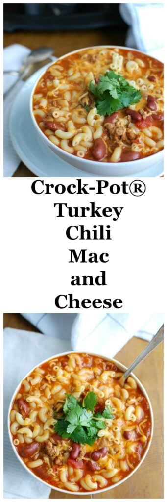 Crock-Pot® Turkey Chili Mac and Cheese is the ultimate cold weather comfort food, perfect for dinner or game day. Turkey Chili is slowly simmers in a Crock-Pot® and then pasta and cheese are mixed in when it is ready to eat. This is a family favorite! 