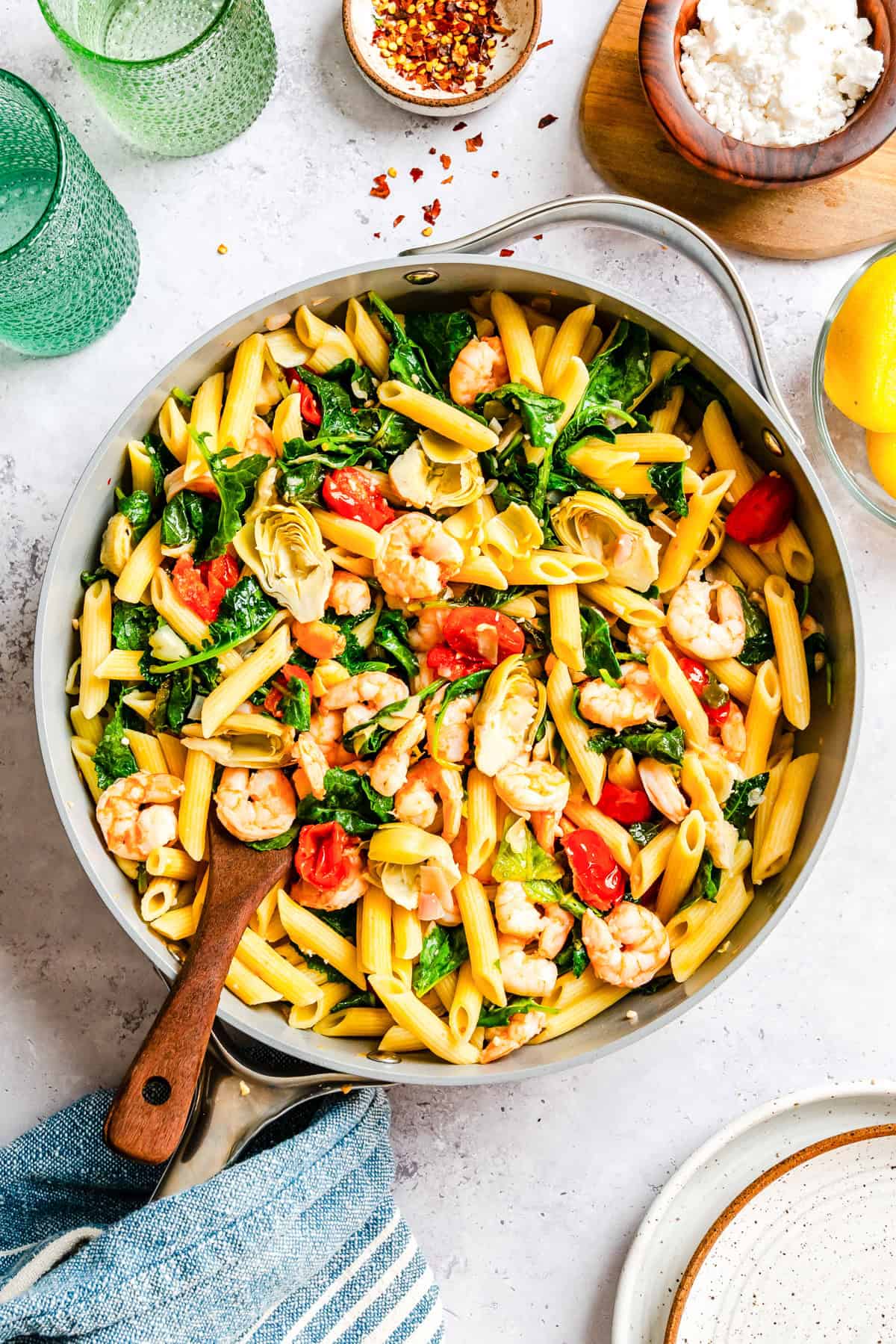 Simple Kale Shrimp Pasta in a skillet