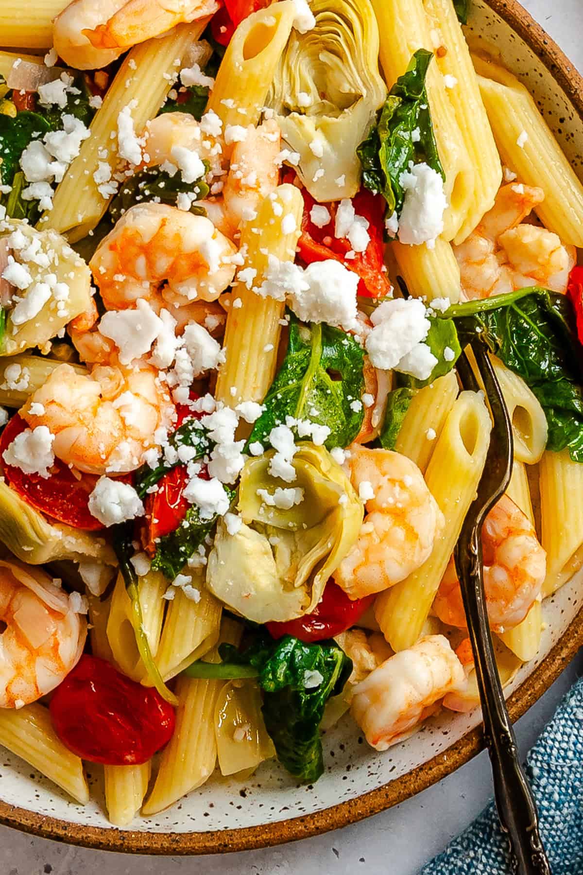 Easy Shrimp Kale Artichoke Pasta on a plate