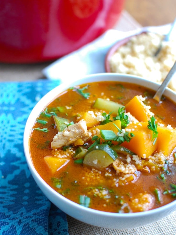 Moroccan Butternut Chicken Soup is rich with flavor and spices. Chicken, butternut squash and zucchini come together nicely with the spices and couscous for added texture. Garnish your soup with parsley, lemon wedges, crushed red pepper and feta cheese for extra flavor!