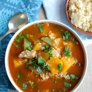 Moroccan Butternut Chicken Soup is rich with flavor and spices. Chicken, butternut squash and zucchini come together nicely with the spices and couscous for added texture. Garnish your soup with parsley, lemon wedges, crushed red pepper and feta cheese for extra flavor!
