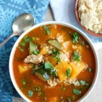 Moroccan Butternut Chicken Soup is rich with flavor and spices. Chicken, butternut squash and zucchini come together nicely with the spices and couscous for added texture. Garnish your soup with parsley, lemon wedges, crushed red pepper and feta cheese for extra flavor!