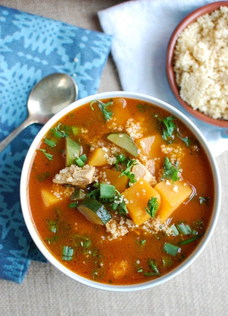 Moroccan Butternut Chicken Soup is rich with flavor and spices. Chicken, butternut squash and zucchini come together nicely with the spices and couscous for added texture. Garnish your soup with parsley, lemon wedges, crushed red pepper and feta cheese for extra flavor!