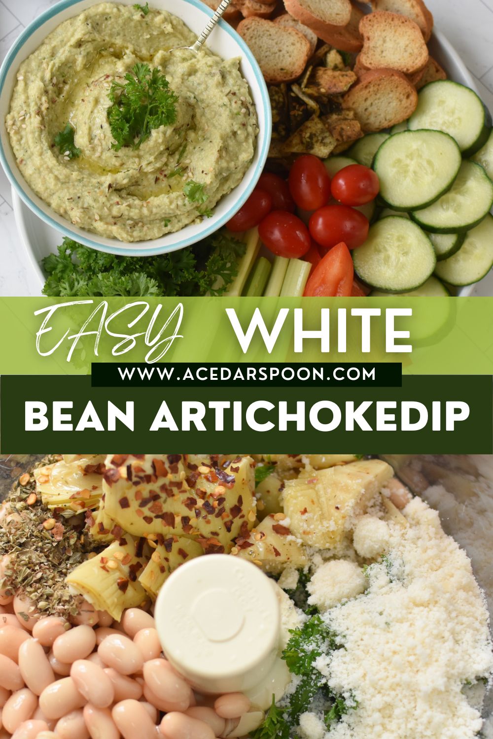 White Bean Artichoke Dip with logo.