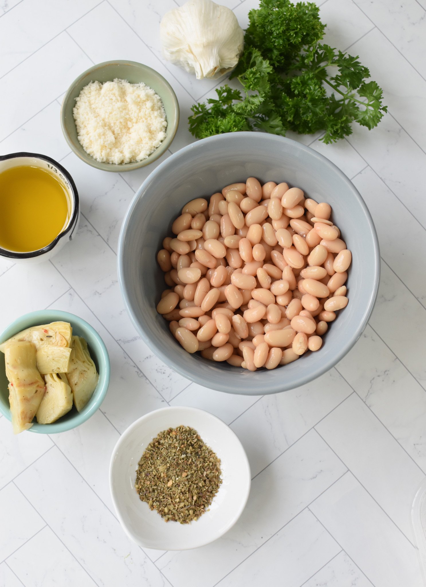 White Bean Artichoke Dip ingredients. 