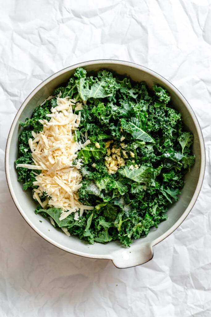Kale Salad with Lemon Dressing in a bowl 