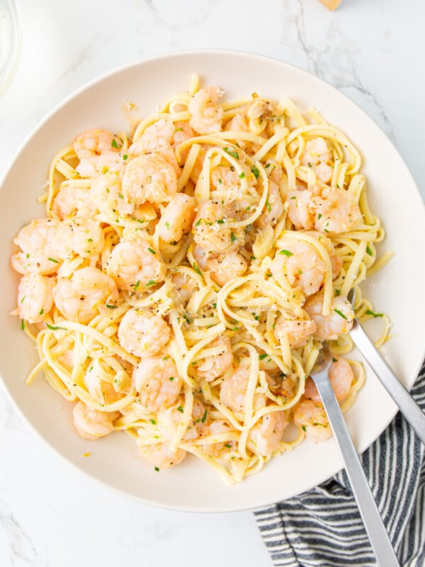 Lemon Garlic Shrimp Pasta in white bowl.