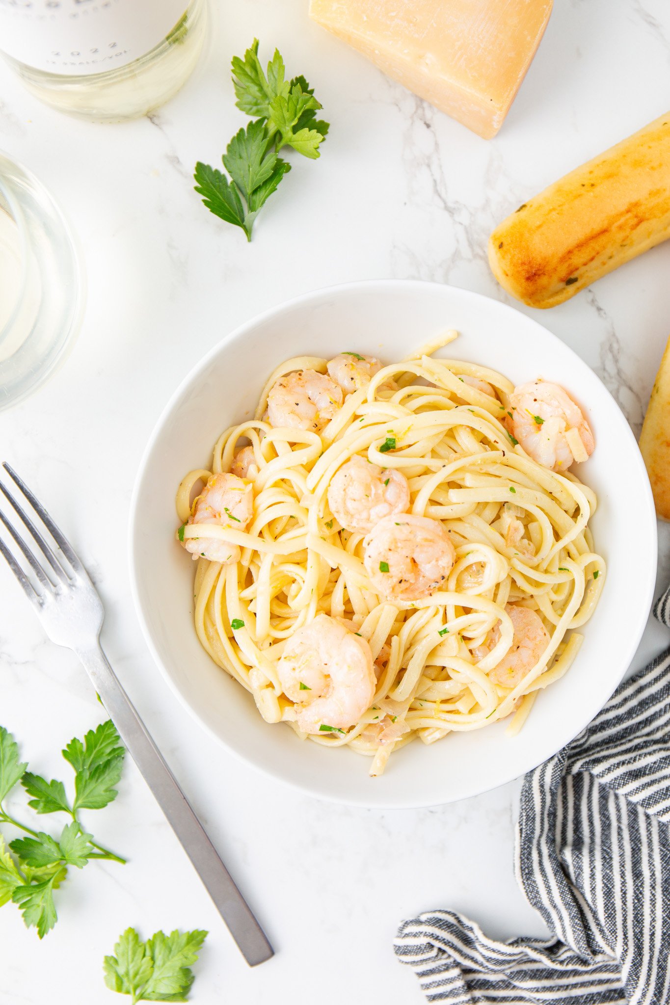 Lemon Garlic Shrimp Pasta with napkin. 