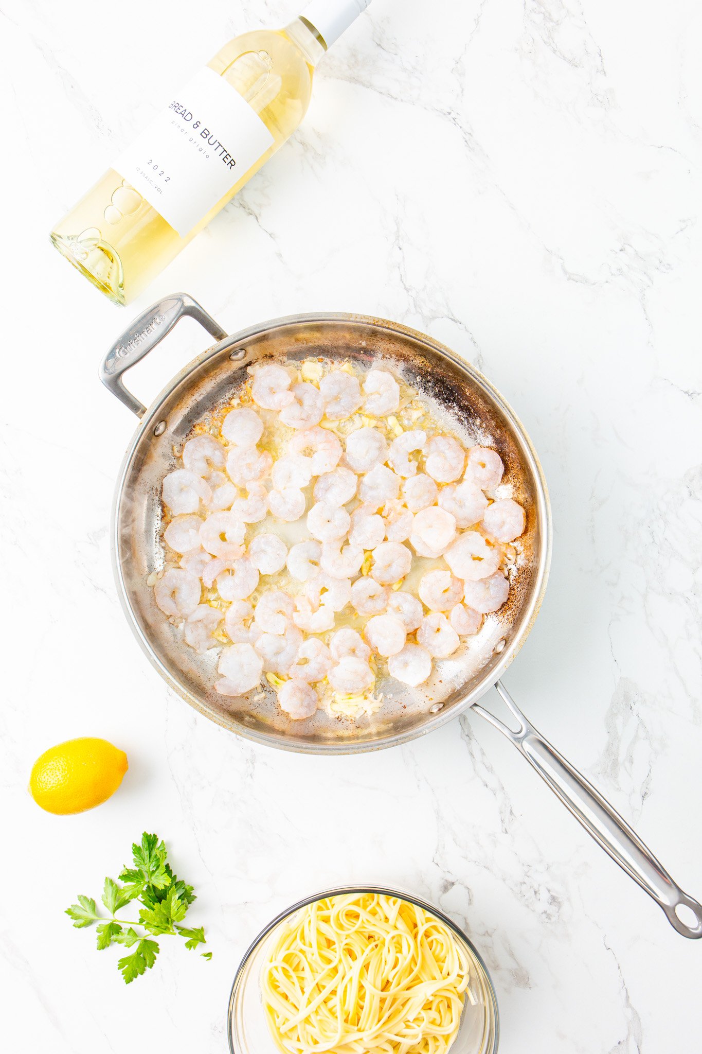 Lemon Garlic Shrimp Pasta shrimp in a skillet. 