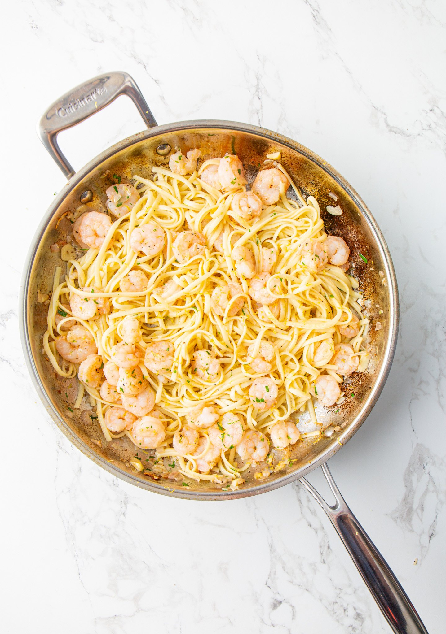 Lemon Garlic Shrimp Pasta in a skillet. 