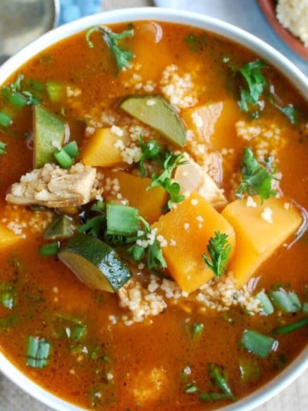 Moroccan Butternut Chicken Soup in white bowl