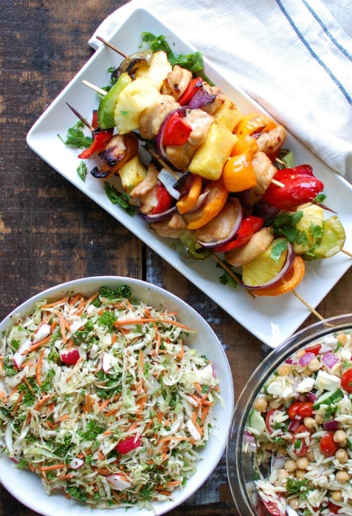 Hawaiian Chicken Kabobs with salad