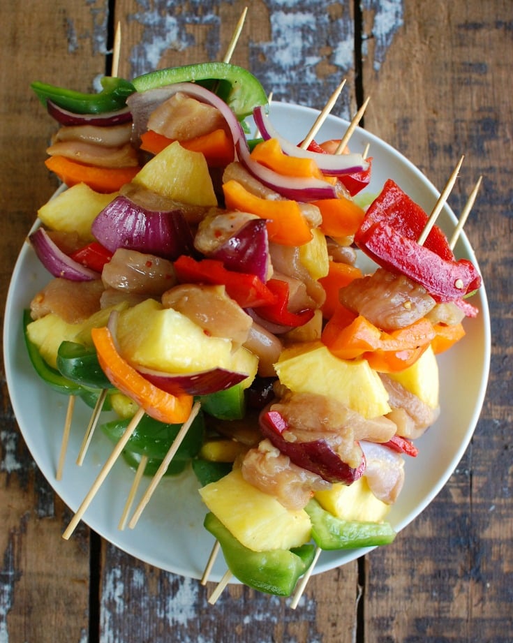 Hawaiian Chicken Kabobs on a white plate 