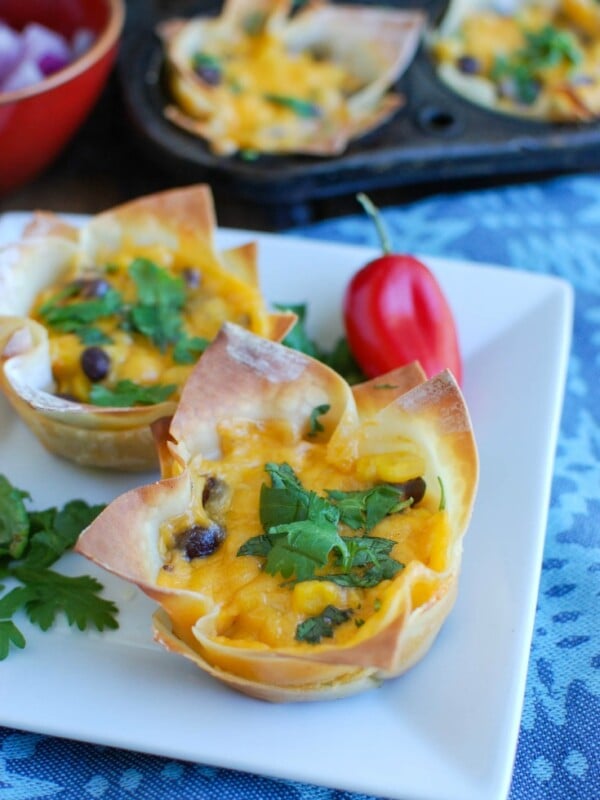 Southwestern Hummus Baked Wonton Cups are a fun finger food mixing spicy hummus, black beans, corn and cheese and baked into a wonton cup until crispy and warm. These are packed with flavor and work great as a snack or party food!