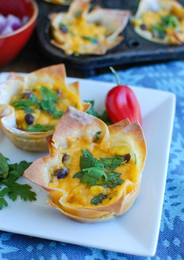 Southwestern Hummus Baked Wonton Cups are a fun finger food mixing spicy hummus, black beans, corn and cheese and baked into a wonton cup until crispy and warm. These are packed with flavor and work great as a snack or party food!