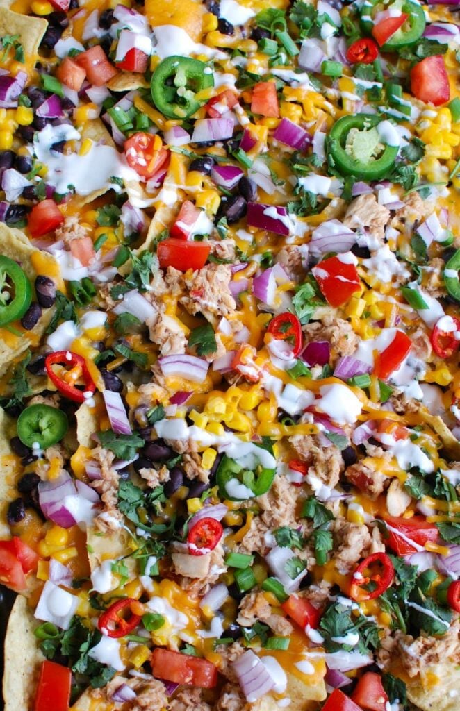 Southwestern Salmon Nachos take traditional nachos to a new level mixing salsa and salmon together and topping that with black beans, corn, shredded cheese, tomatoes, red onion, cilantro, green onion, jalapeños, red chiles and a drizzle of sour cream. These nachos are baked to perfection and are a nice lunch for Father's Day or football season. 