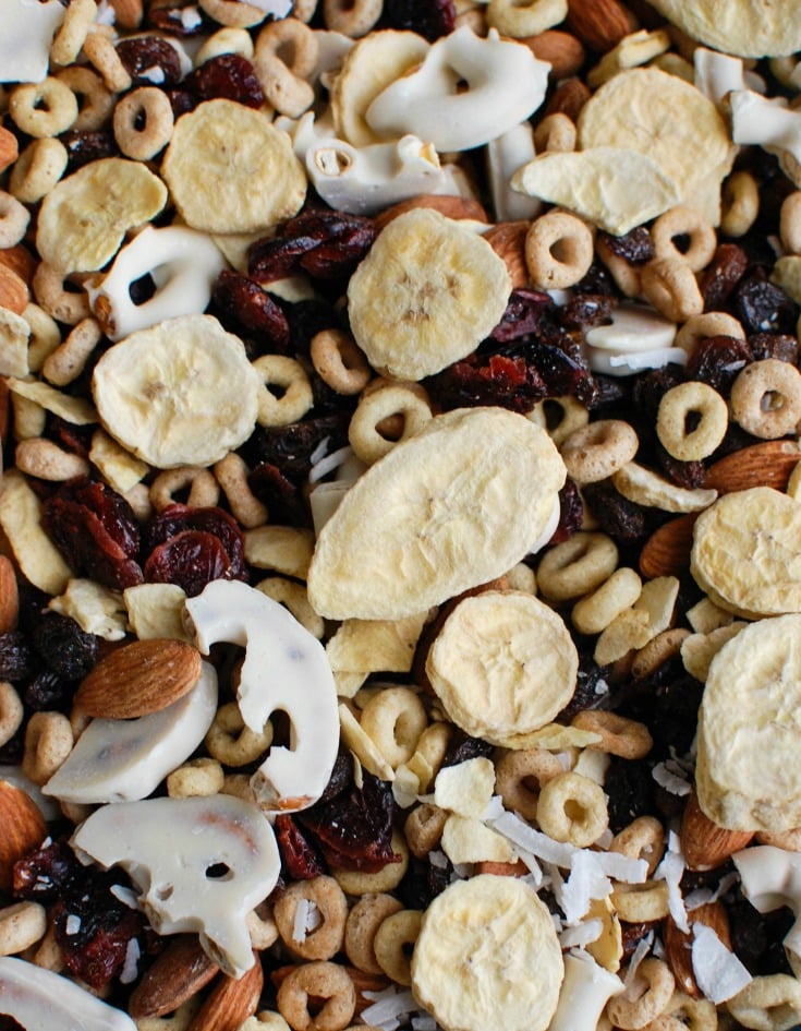 This Easy Breakfast Trail Mix makes a great on-the-go breakfast or snack mixing freeze dried bananas, almonds, dried fruit, yogurt pretzels, cereal and coconut. The kids love this along with the adults!
