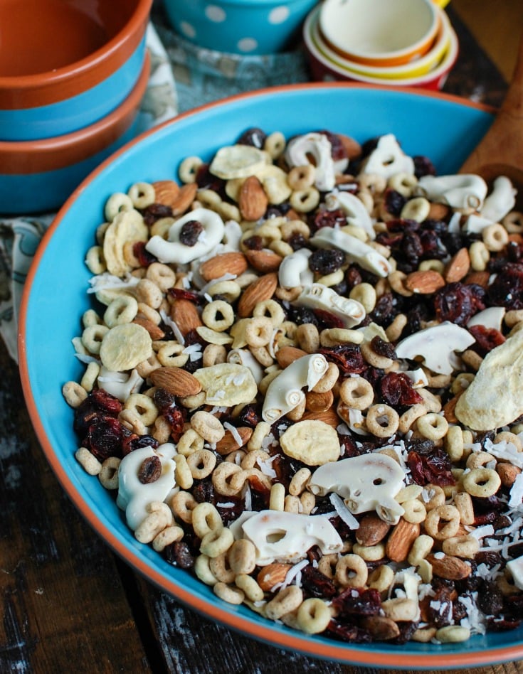 This Easy Breakfast Trail Mix makes a great on-the-go breakfast or snack mixing freeze dried bananas, almonds, dried fruit, yogurt pretzels, cereal and coconut. The kids love this along with the adults!