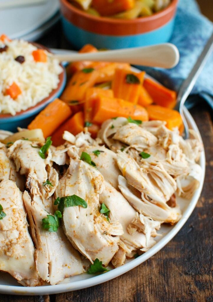 Slow Cooker Mediterranean Whole Chicken is tender, juicy and rich with Mediterranean flavors. Cooking a whole chicken in the slow cooker is not only easy but is a great way to meal plan since it can provide you with enough chicken for multiples meals during the week.