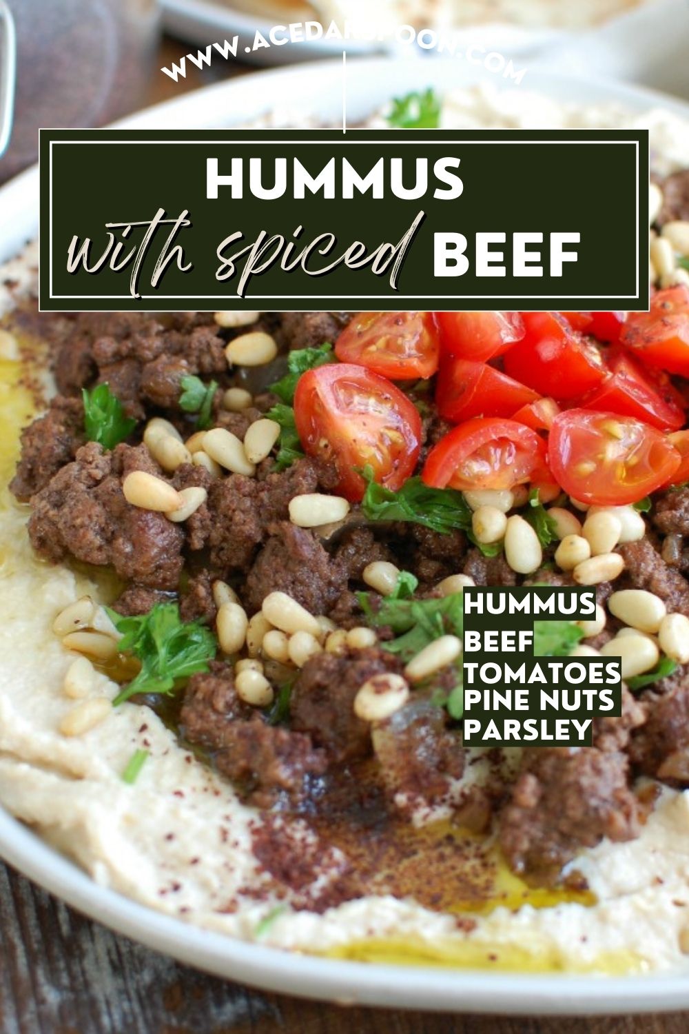 Hummus with Spiced Beef and Toasted Pine Nuts with logo.
