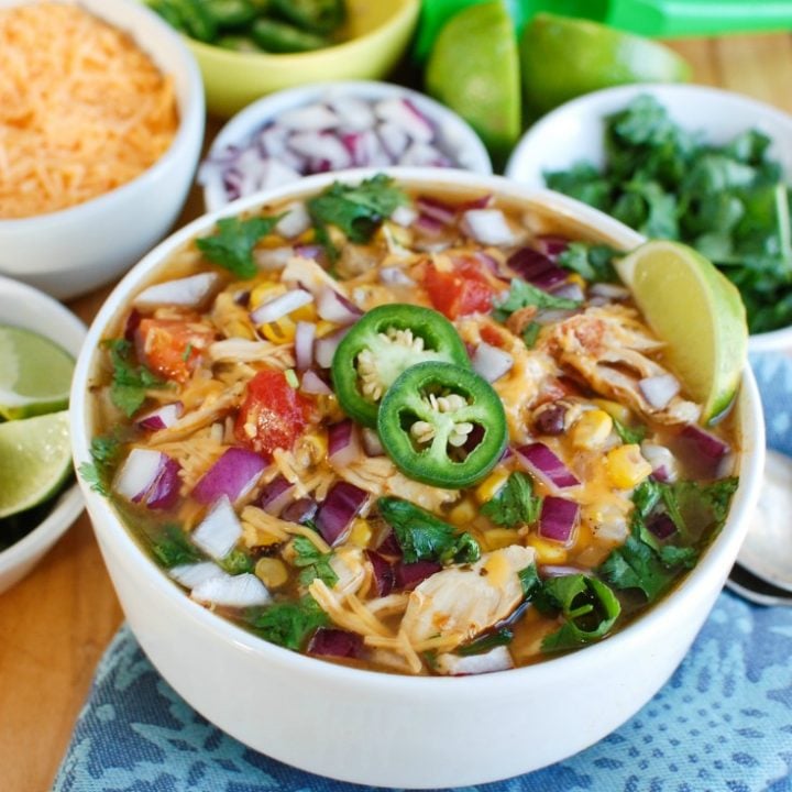Instant Pot Chicken Tortilla Soup in White Bowl