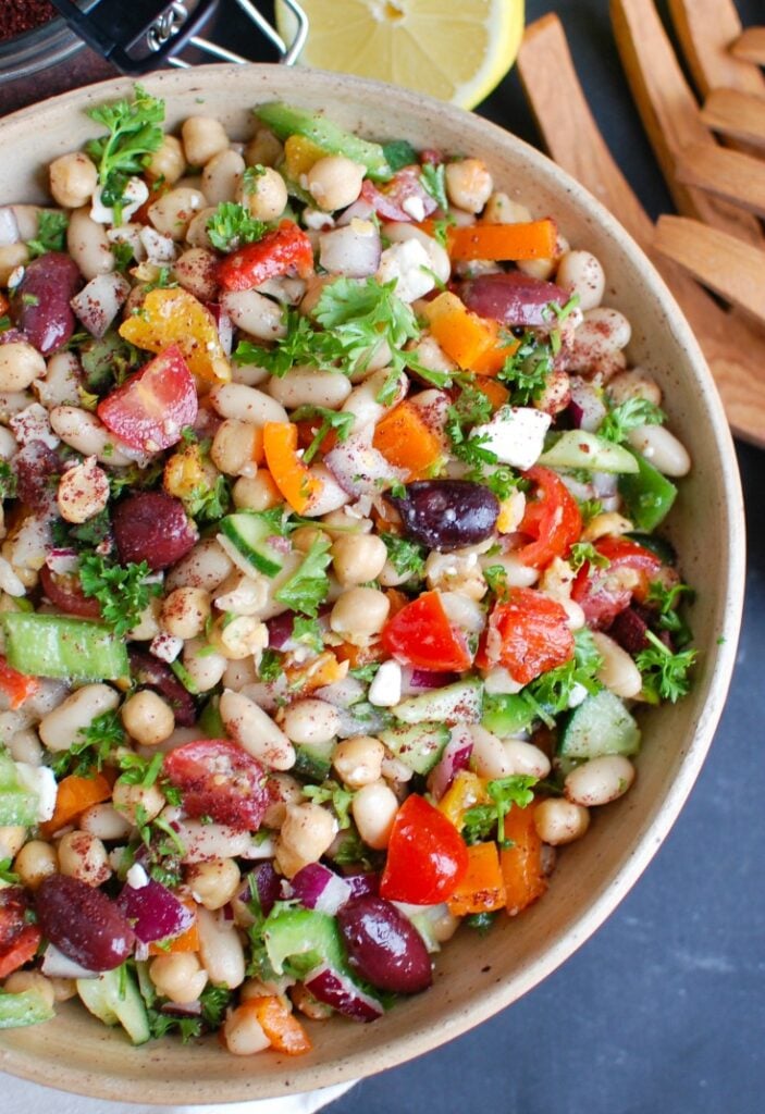 Mediterranean Bean Salad in large bowl 