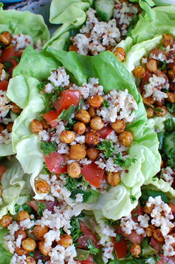 Mediterranean Sorghum Tabbouleh and Chickpea Lettuce Wraps create a light, healthy meal using the flavors of Lebanon. A Sorghum Quinoa Brown Rice blend is combined with Tabbouleh and placed in a lettuce wrap with roasted chickpeas. 