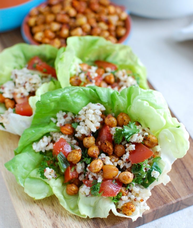 Mediterranean Sorghum Tabbouleh and Chickpea Lettuce Wraps create a light, healthy meal using the flavors of Lebanon. A Sorghum Quinoa Brown Rice blend is combined with Tabbouleh and placed in a lettuce wrap with roasted chickpeas. 