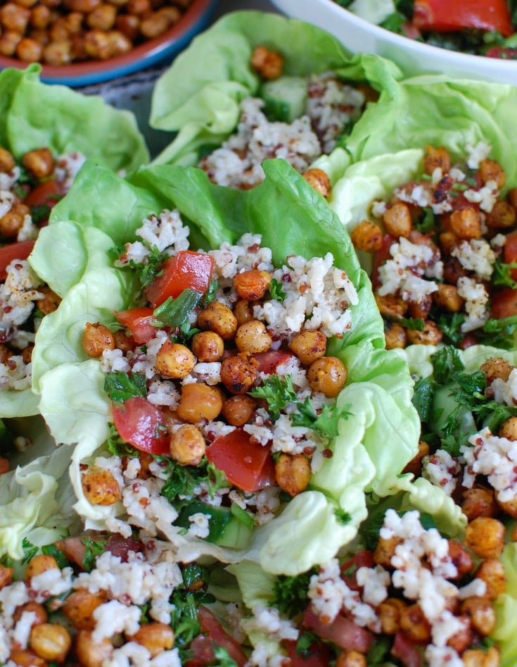 Mediterranean Sorghum Tabbouleh and Chickpea Lettuce Wraps create a light, healthy meal using the flavors of Lebanon. A Sorghum Quinoa Brown Rice blend is combined with Tabbouleh and placed in a lettuce wrap with roasted chickpeas. 