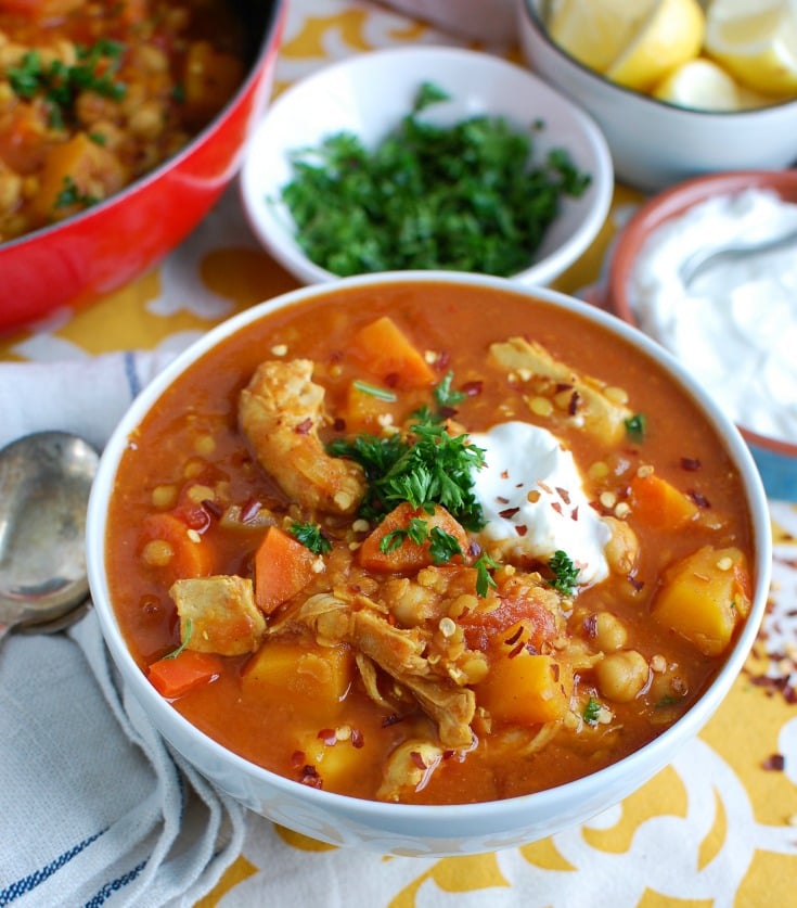 Slow Cooker Moroccan Chicken Soup in a white bowl