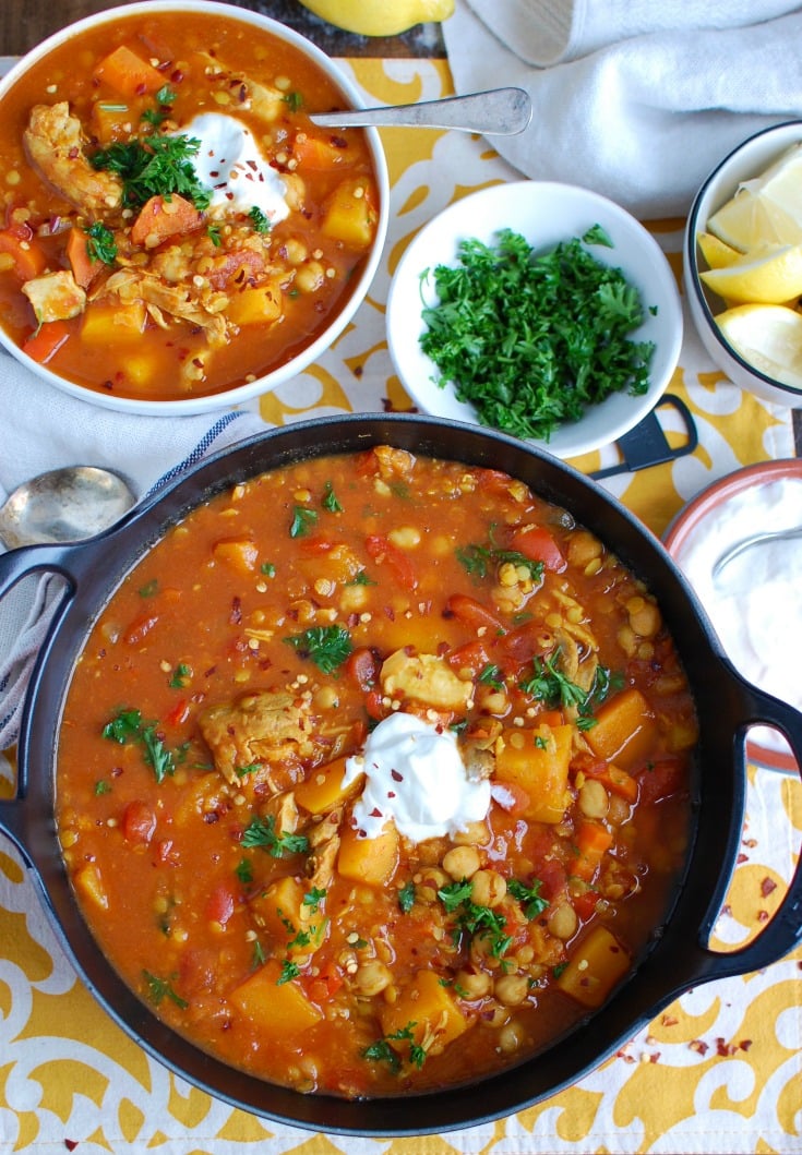 Slow Cooker Moroccan Chicken Soup in a black pot