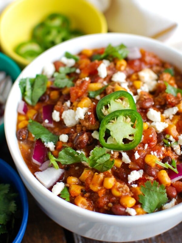 Instant Pot Pork Chili in white bowl