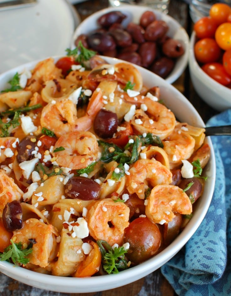  One Pot Mediterranean Shrimp Pasta in white bowl 