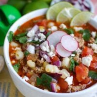 Slow Cooker Pork Pozole in a white bowl.