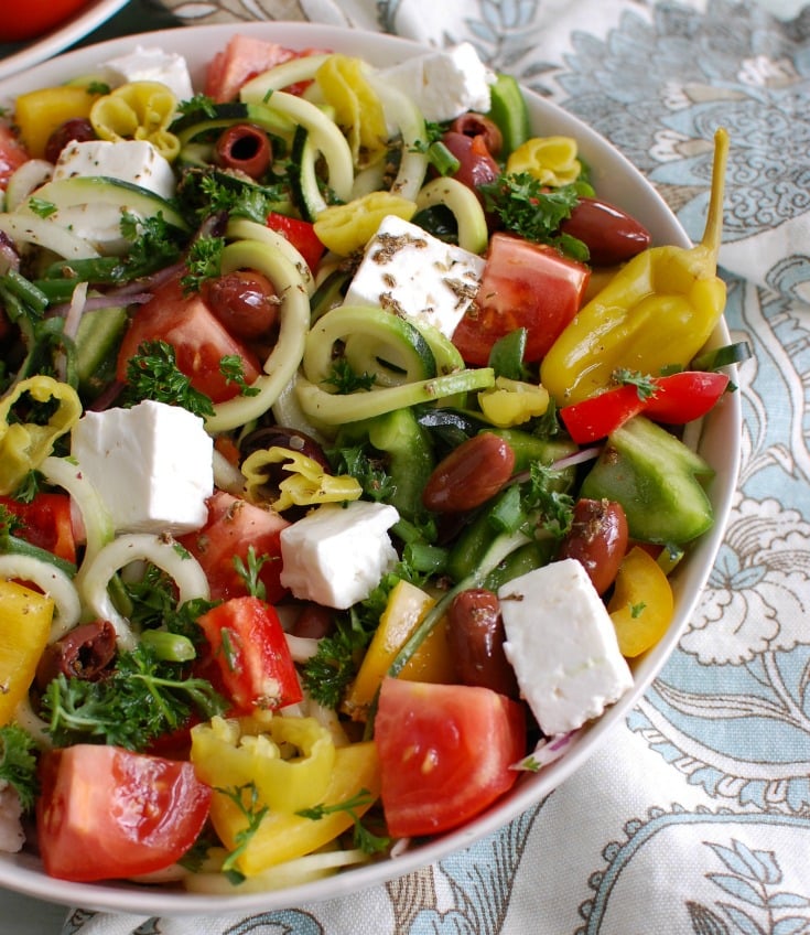 Spiralized Greek Style Salad white bowl