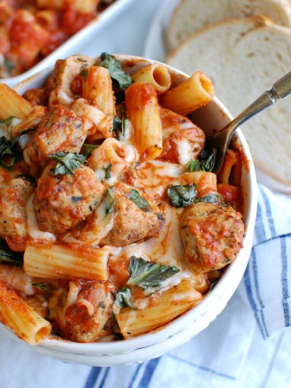 Easy Baked Rigatoni with Chicken Meatballs comes together in under 30 minutes and is a family favorite. This recipes uses five ingredients and is a comforting, rich Italian style baked rigatoni featuring lean, flavorful chicken meatballs. 