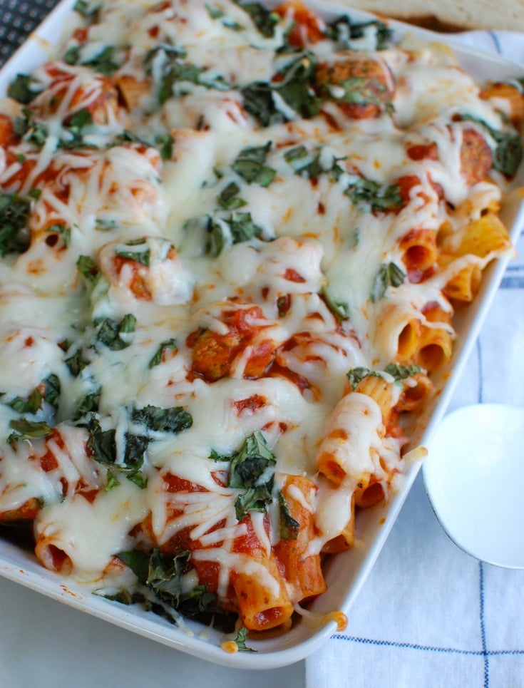 Easy Baked Rigatoni with Chicken Meatballs comes together in under 30 minutes and is a family favorite. This recipes uses five ingredients and is a comforting, rich Italian style baked rigatoni featuring lean, flavorful chicken meatballs. 