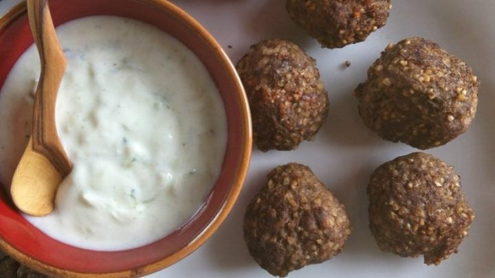 Kibbeh Meatballs with Spiced Yogurt Sauce