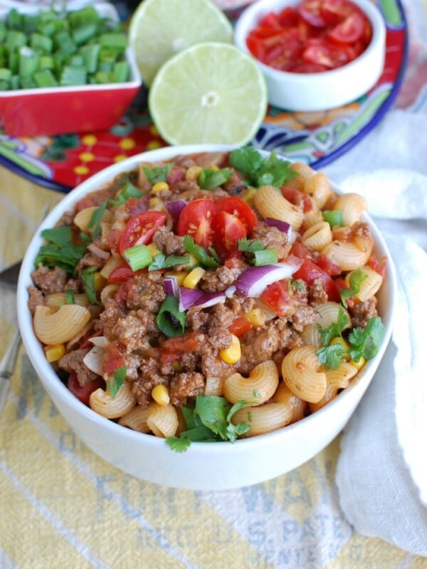 One Skillet Beef Taco Pasta in a bowl