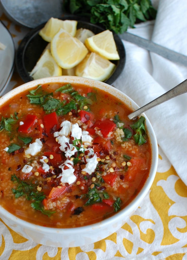 Tomato Red Pepper Bulgur Soup with parsley. 